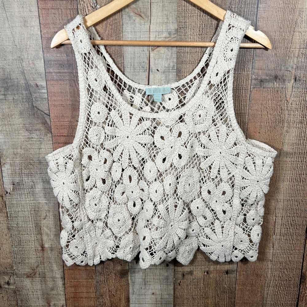 Ryegrass Crochet Floral Tank Top XXL Cream Boho Open Knit Festival Cropped